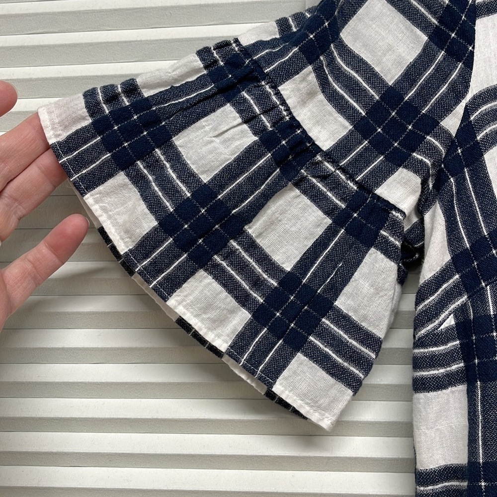 Madewell Blue and White Leighton Plaid Ruffle Bell Sleeve V-Neck Dress - Picture 4 of 9